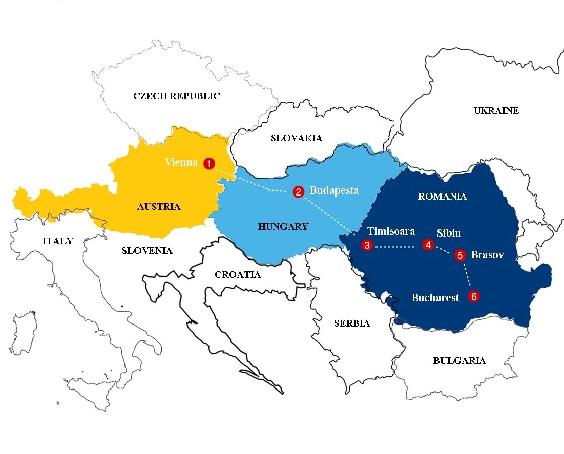 Austria - Hungary - Romania Tour Map