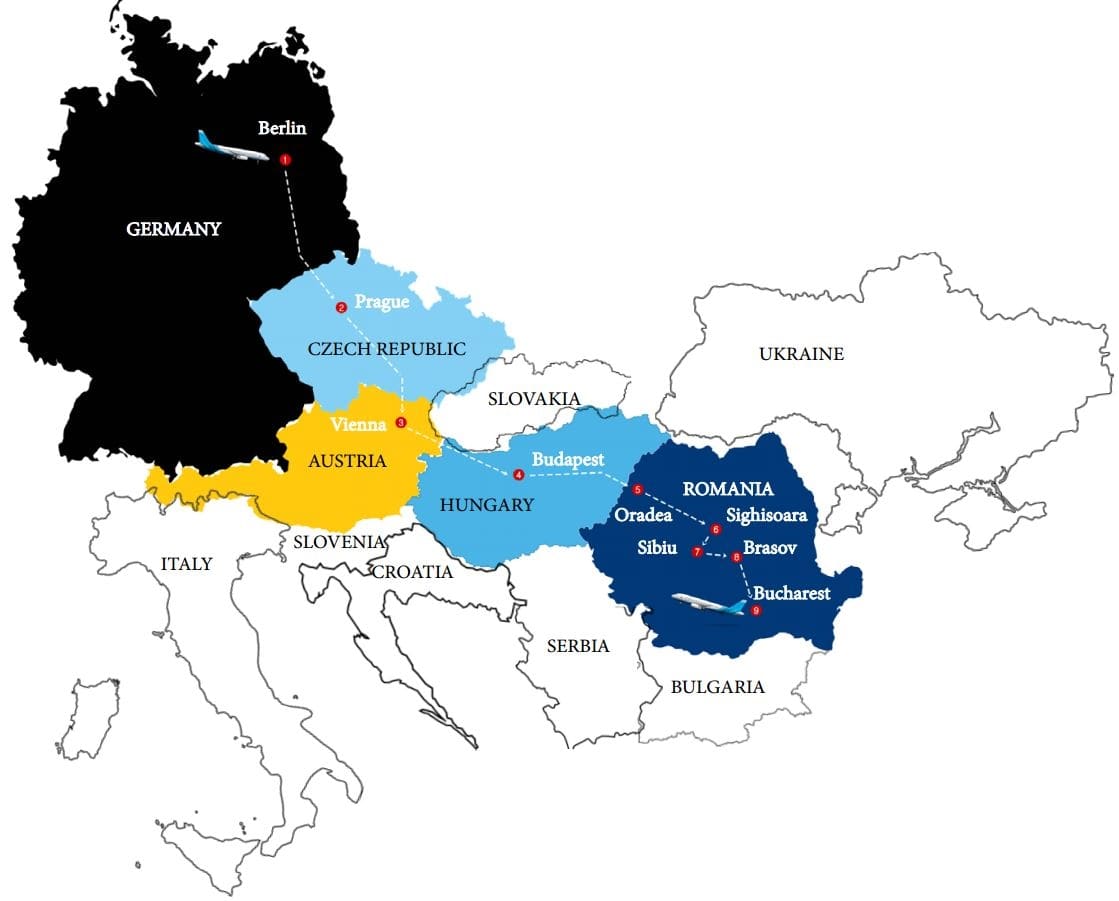 Germany - Czech Republic - Austria - Hungary - Romania Tour Map